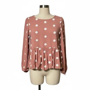 Blu Pepper Pink and White Polka Dot Peplum Babydoll Blouse